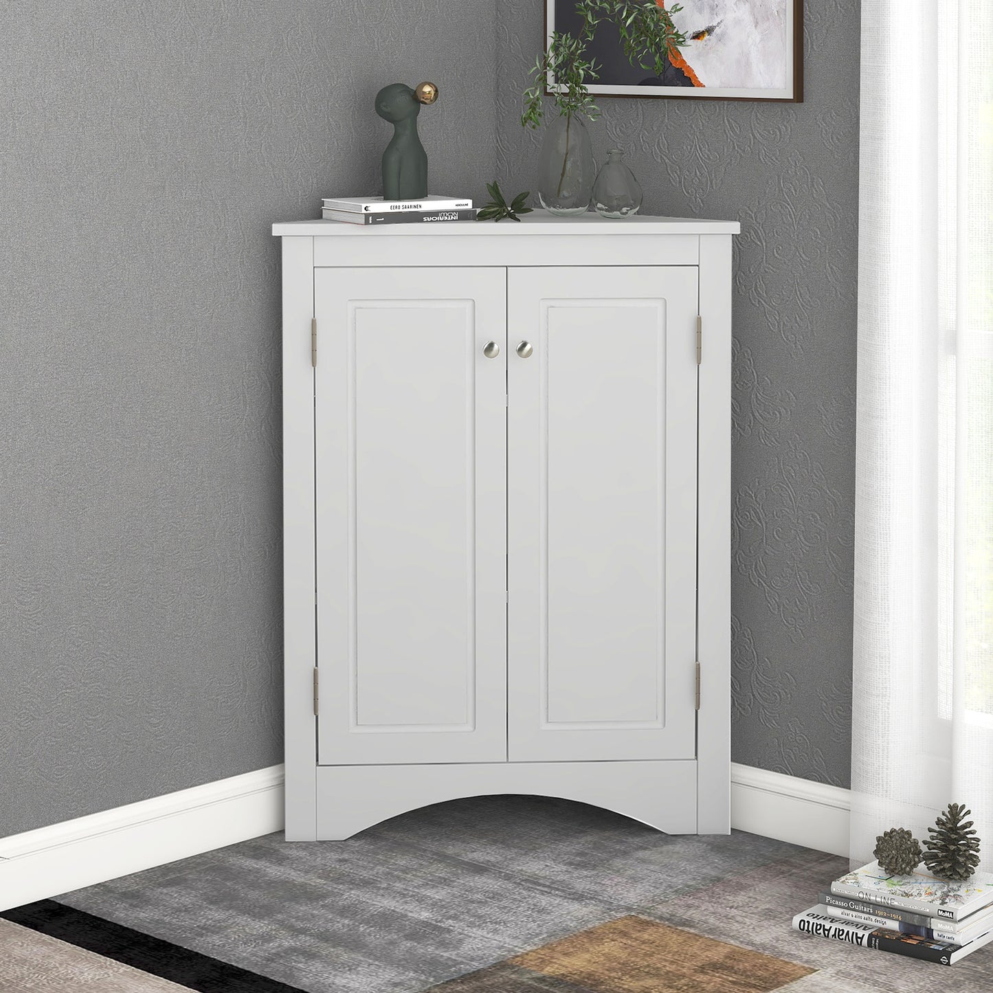 White Triangle Bathroom Storage Cabinet With Adjustable Shelves, Freestanding Floor Cabinet For Home Kitchen