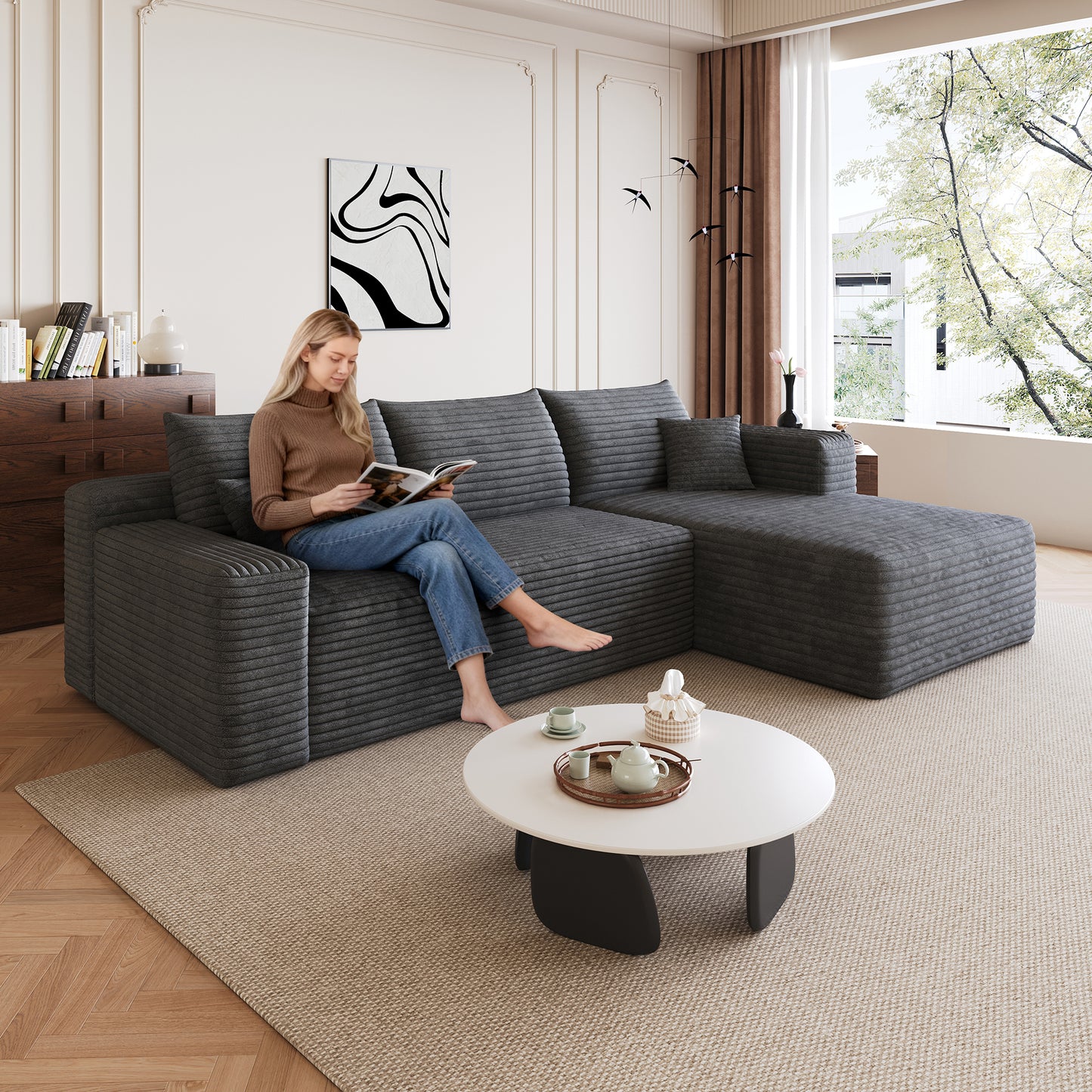 95  Cloud Sectional Sofa,Modern Minimalist Upholstered Couches, Comfort U Shaped Sofa For Living Room,Deep Seat Corner Couch,No Assembly Required,Dark Grey   Plush Corduroy Fabric