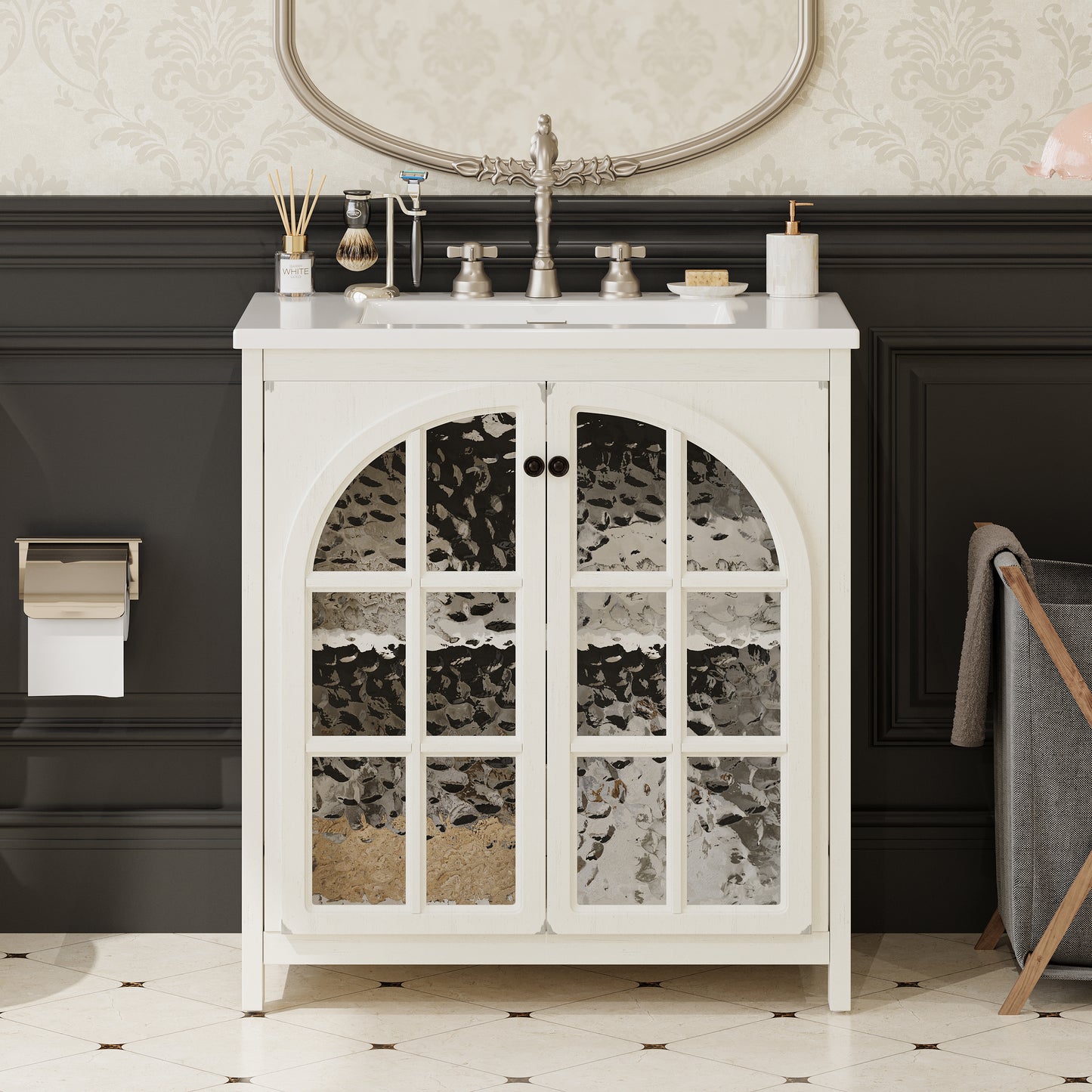 30 Inches Bathroom Vanity With Ceramic Sink, Faux Aged Finish, Vintage Rustic Bathroom Cabinet With Bronze Pulls And 2 Soft-Closing Doors, Antique White