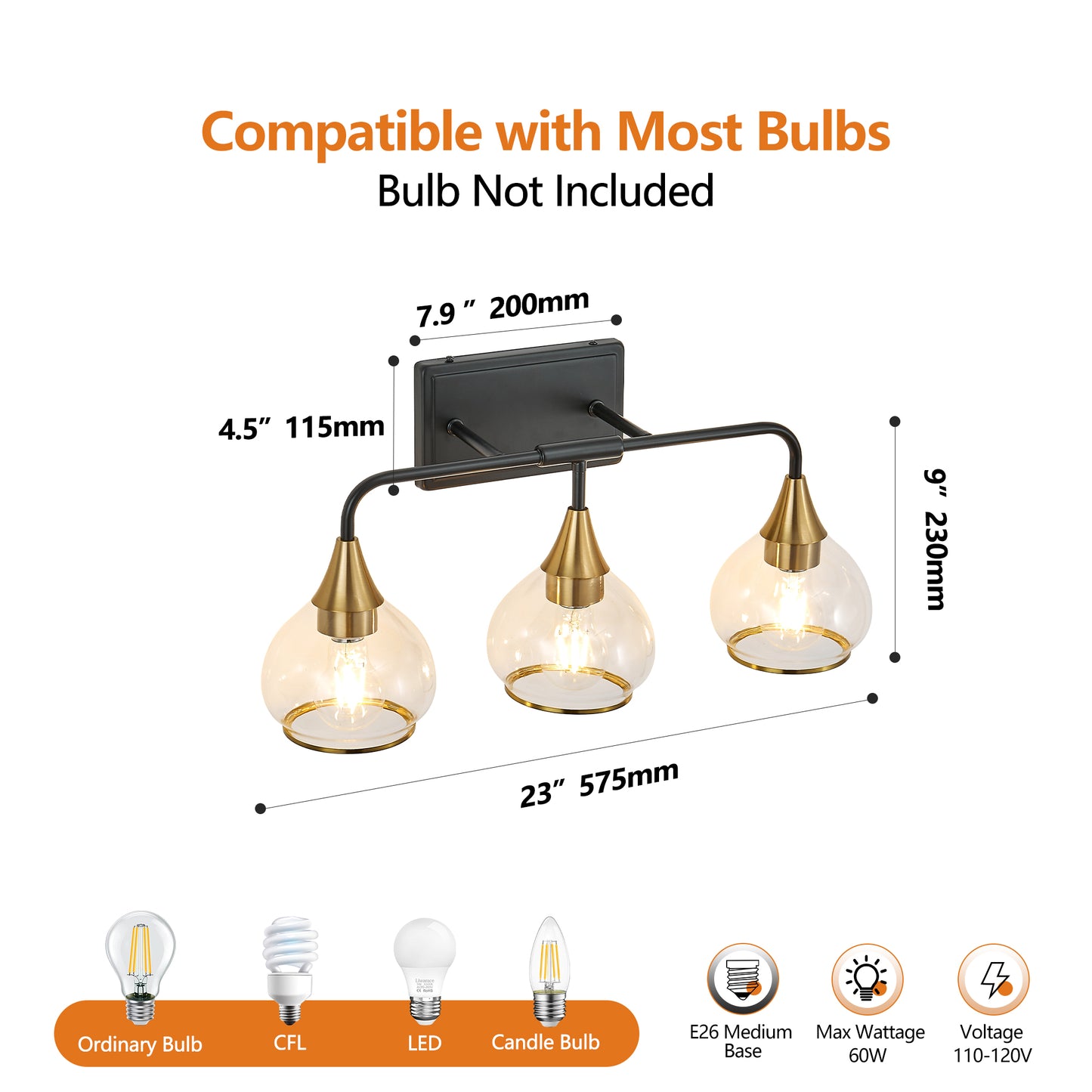 23in Modern 3-Light Vanity Wall Sconce - Black And Gold Bathroom Light Fixture With Clear Glass Shades, Industrial Wall Mounted Lamp For Mirror, Vanity, And Living Spaces Bulb Not Included