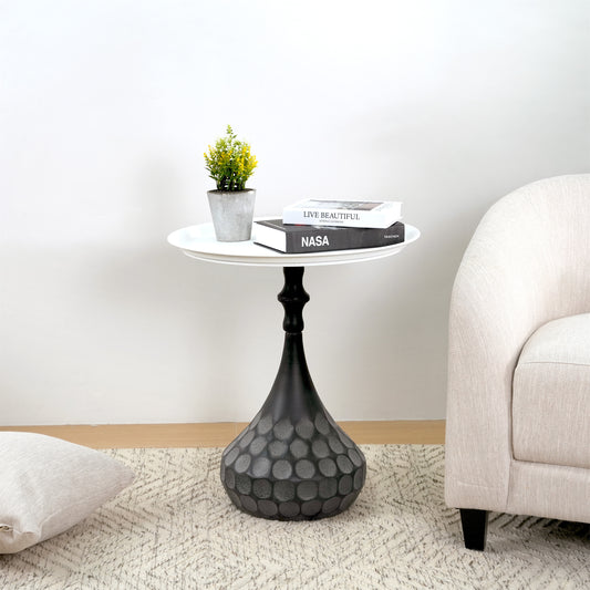 Accent Metal Coffee Table, Pedestal Table For Living Room, Hand-hammered Texture, White Black