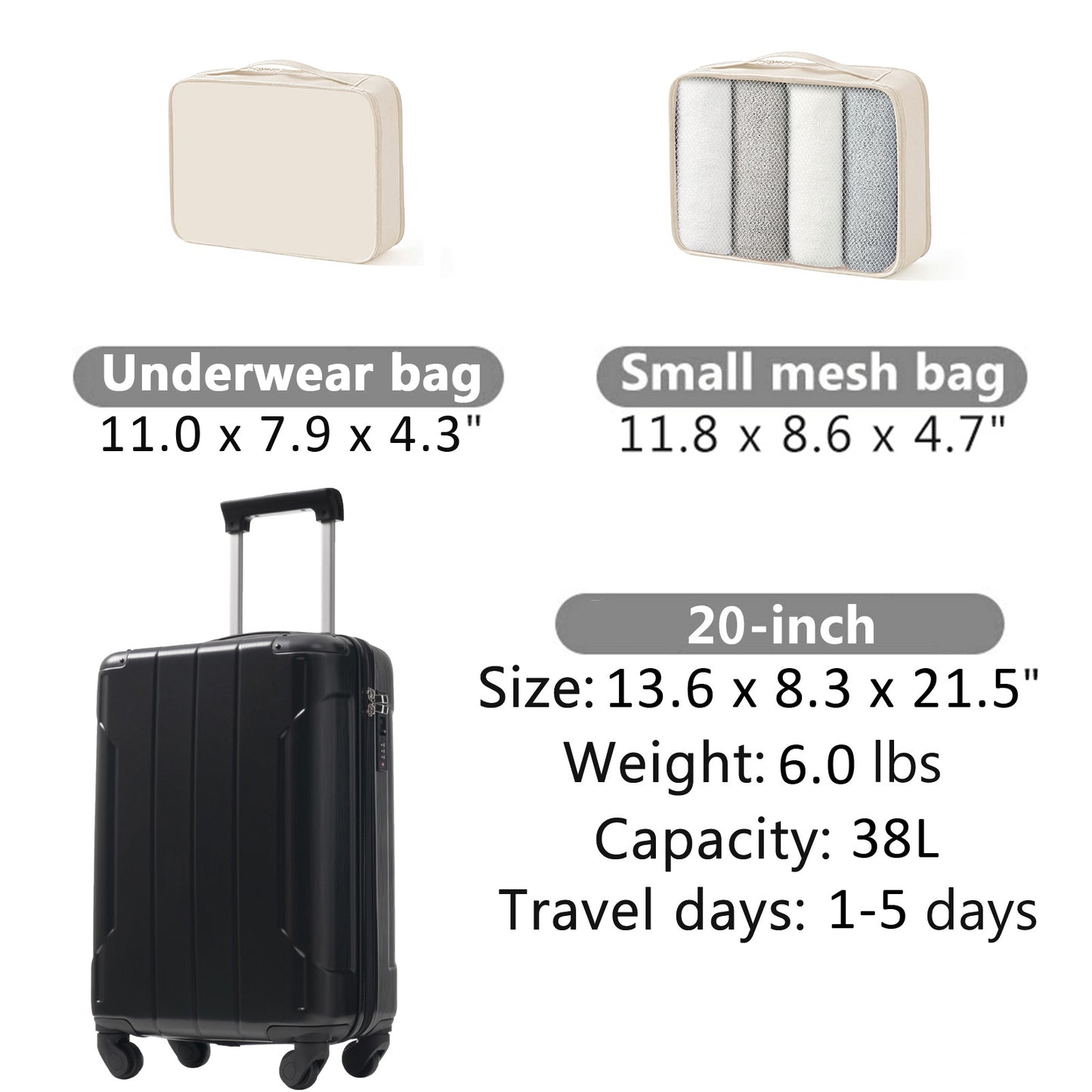 20-Inch Hardshell Carry-On Luggage, Lightweight Durable ABS Suitcase With Spinner Wheels, Built-in TSA Lock, 2 Packing Cubes, Black