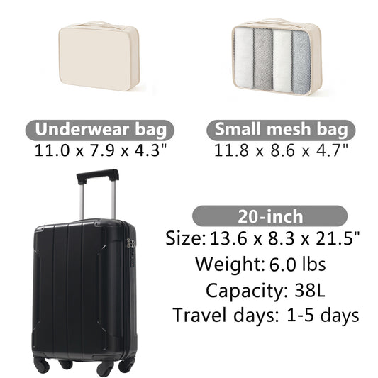 20-Inch Hardshell Carry-On Luggage, Lightweight Durable ABS Suitcase With Spinner Wheels, Built-in TSA Lock, 2 Packing Cubes, Black