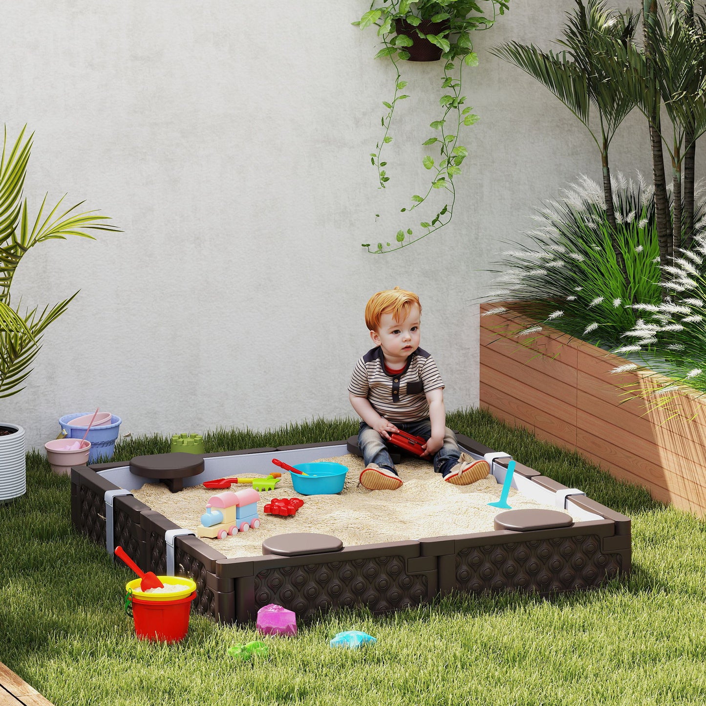 Kids Sandbox With Cover, 4 Corner Seats, Bottom Liner For Backyard, Garden, Outdoor, 47" X 47" X 9", Dark Brown