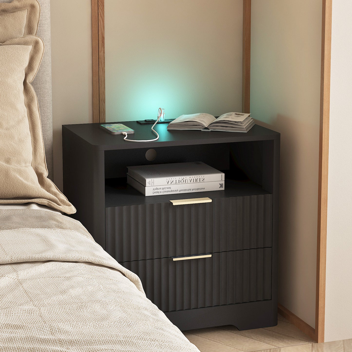 Nightstand With Charging Station, Smart Nightstand With Night Light,Bedside Tables With Storage Cabinet For Bedroom,Black