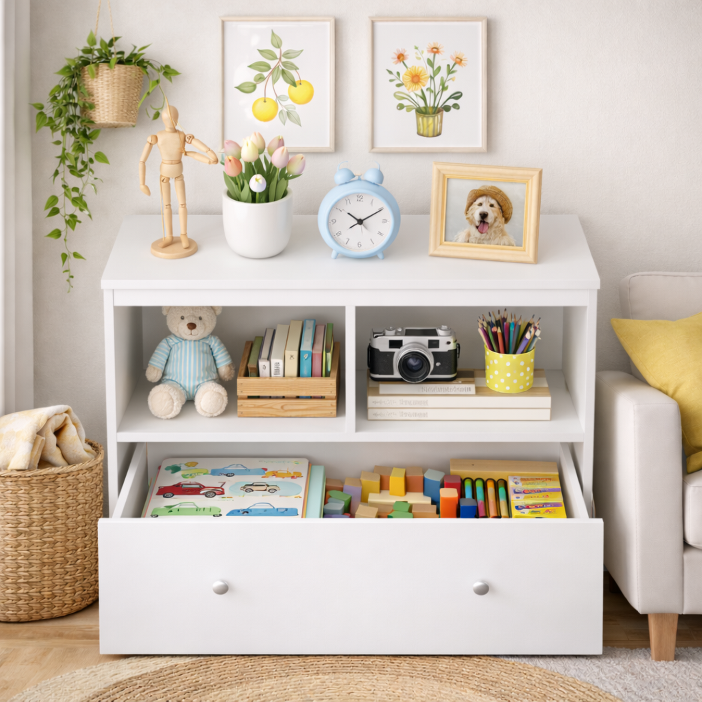 Kids Toy Storage Organizer With Large Drawer, Low Bookshelf For Nursery & Playroom, Wooden Kids Cabinet For Books And Toys, White