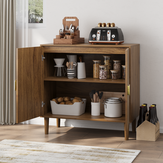 Walnut Wood Buffet Cabinet With Line Groove Design,Sideboard Buffet Cabinet With Storage,Multifunctional Accent Cabinet  For Living Room,Entryway,Hallway,Office,Kitchen