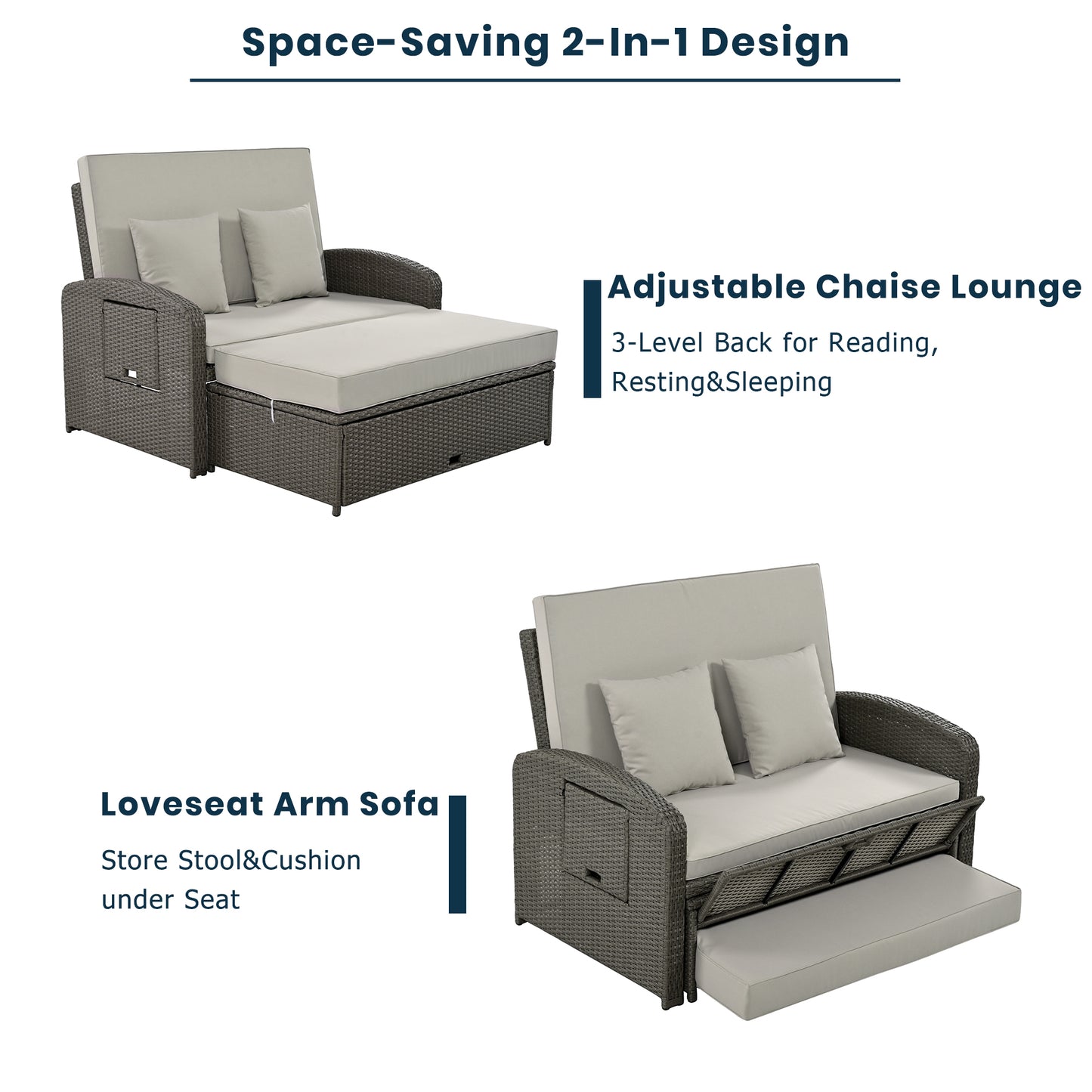 TOPMAX PE Wicker Rattan Double Chaise Lounge, 2-Person Reclining Daybed With Adjustable Back And Cushions, Free Furniture Protection Cover,Gray