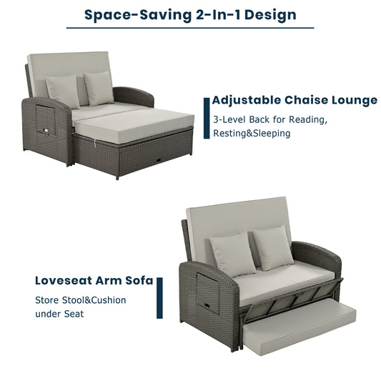 TOPMAX PE Wicker Rattan Double Chaise Lounge, 2-Person Reclining Daybed With Adjustable Back And Cushions, Free Furniture Protection Cover,Gray