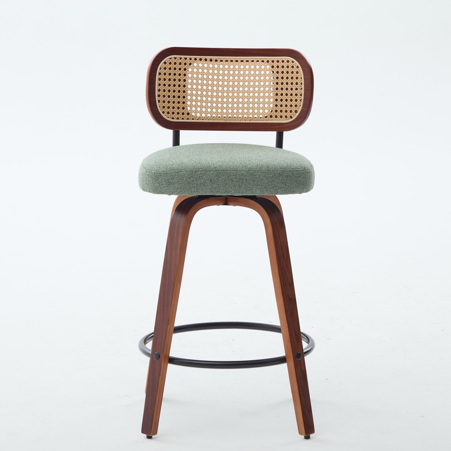 Set Of 3, 26-Inch Counter Height Bar Stools - Walnut Black, Cane Rattan Back, Light Green Linen Upholstered Seat, Swivel Design For Kitchen Island Bar Counter,SW3766OL