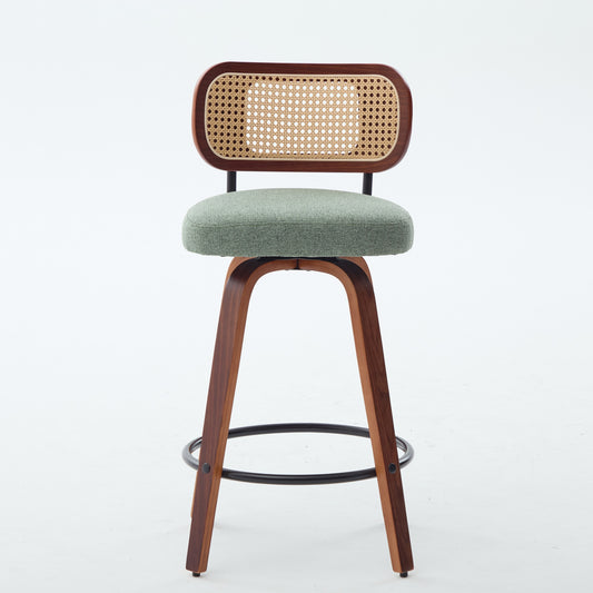 Set Of 3, 26-Inch Counter Height Bar Stools - Walnut Black, Cane Rattan Back, Light Green Linen Upholstered Seat, Swivel Design For Kitchen Island Bar Counter,SW3766OL