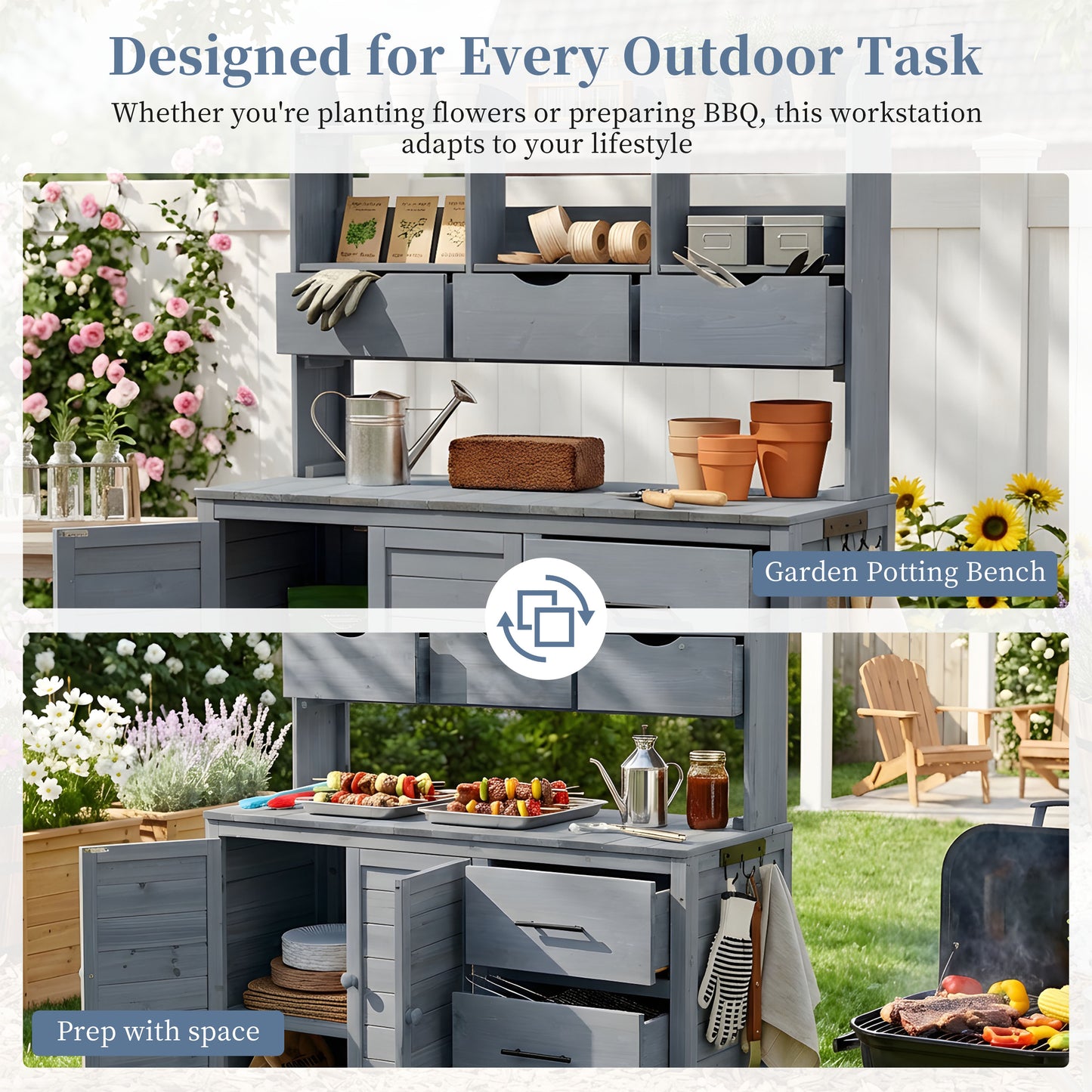 With Assembly Video  TOPMAx Farmhouse Patio Potting Bench  44.6 X19.5  Large Freestanding Garden Workstation With 6 Drawers  Bottom Cabinet And Side Hook  Outdoor Kitchen Island  Gray
