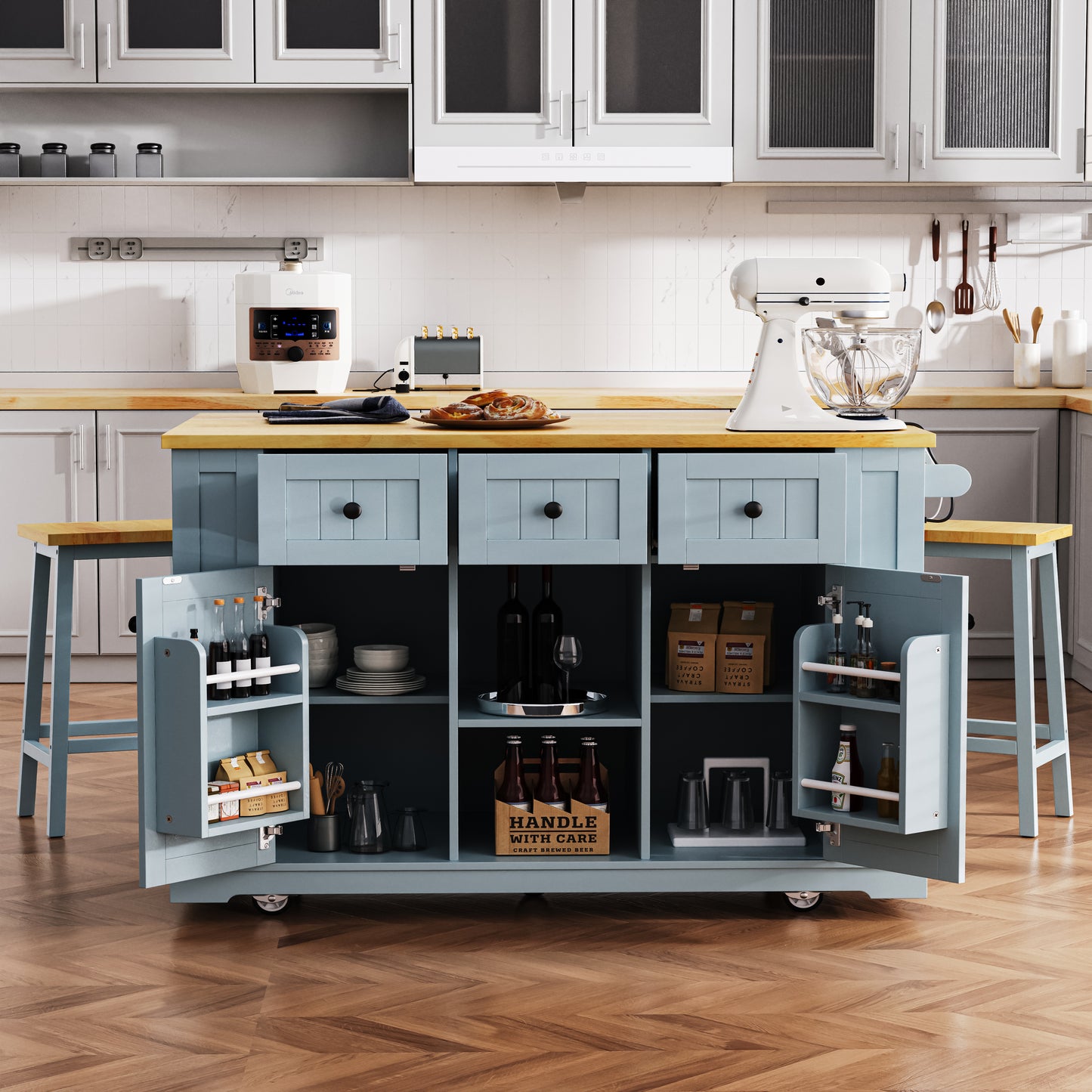 K&K 53inch Large Kitchen Island With 2 Bar Stools,Power Outlet,Door Internal Storage Rack,Kitchen Storage Cart On 5 Wheels With Drop Leaf,5 Open Side Racks,3 Drawers,Grey Blue  Three Packages