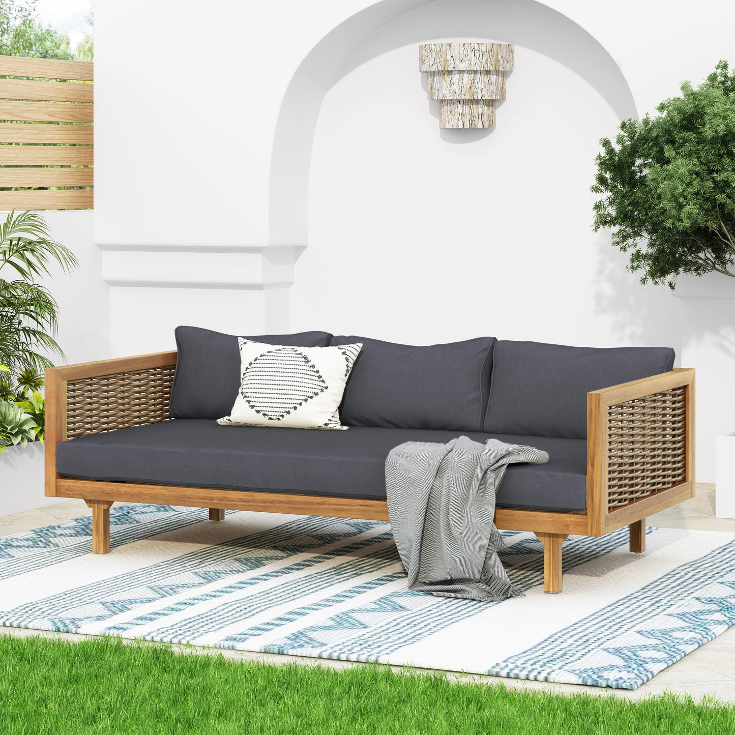 CLAREMONT 3 SEATER DAYBED WITH RATTAN ARMS  DARK GREY CUSHION