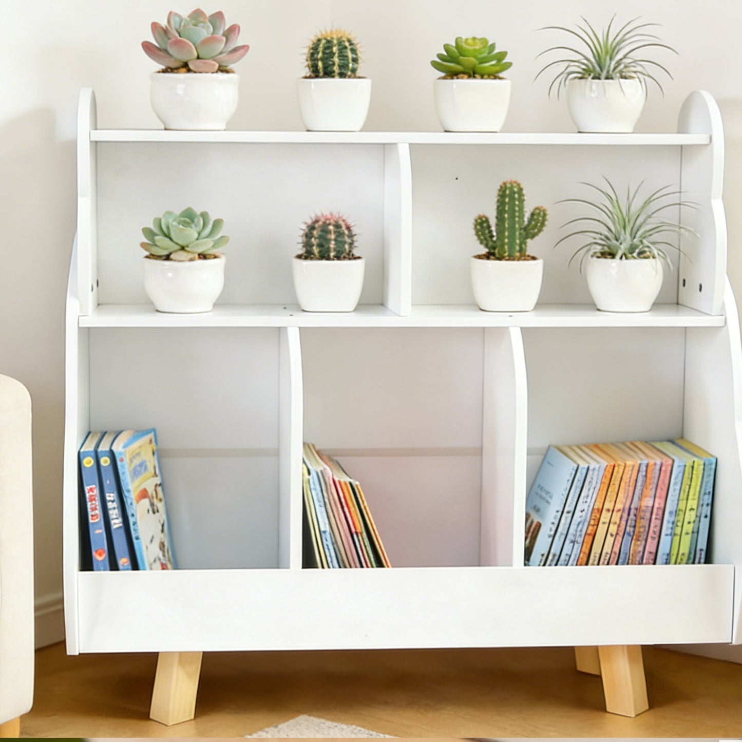 3 Tier Kids Bookshelf Toy Storage Organizer Toddler Bookcase With 5 Open Storage Boxes Curved Design Solid Wood Legs For Nursery Living Room Playroom White