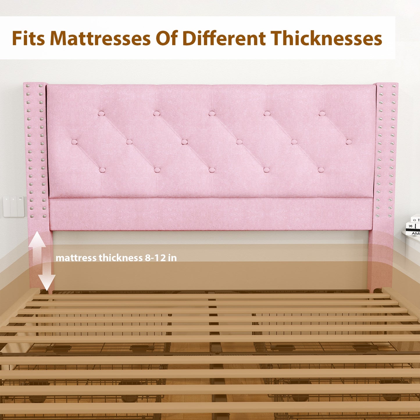 Full Size Bed Frame With Upholstered Button Tufted Headboard Wood Slat Support Metal Platform Bed Frame With 4 Drawers No Box Spring Needed Easy Assembly For Home