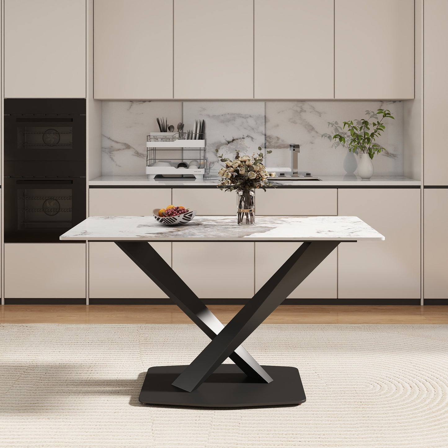 55.12  Modern Artificial Stone Pandora White Straight Edge Black Metal X-Leg Dining Table -6 People