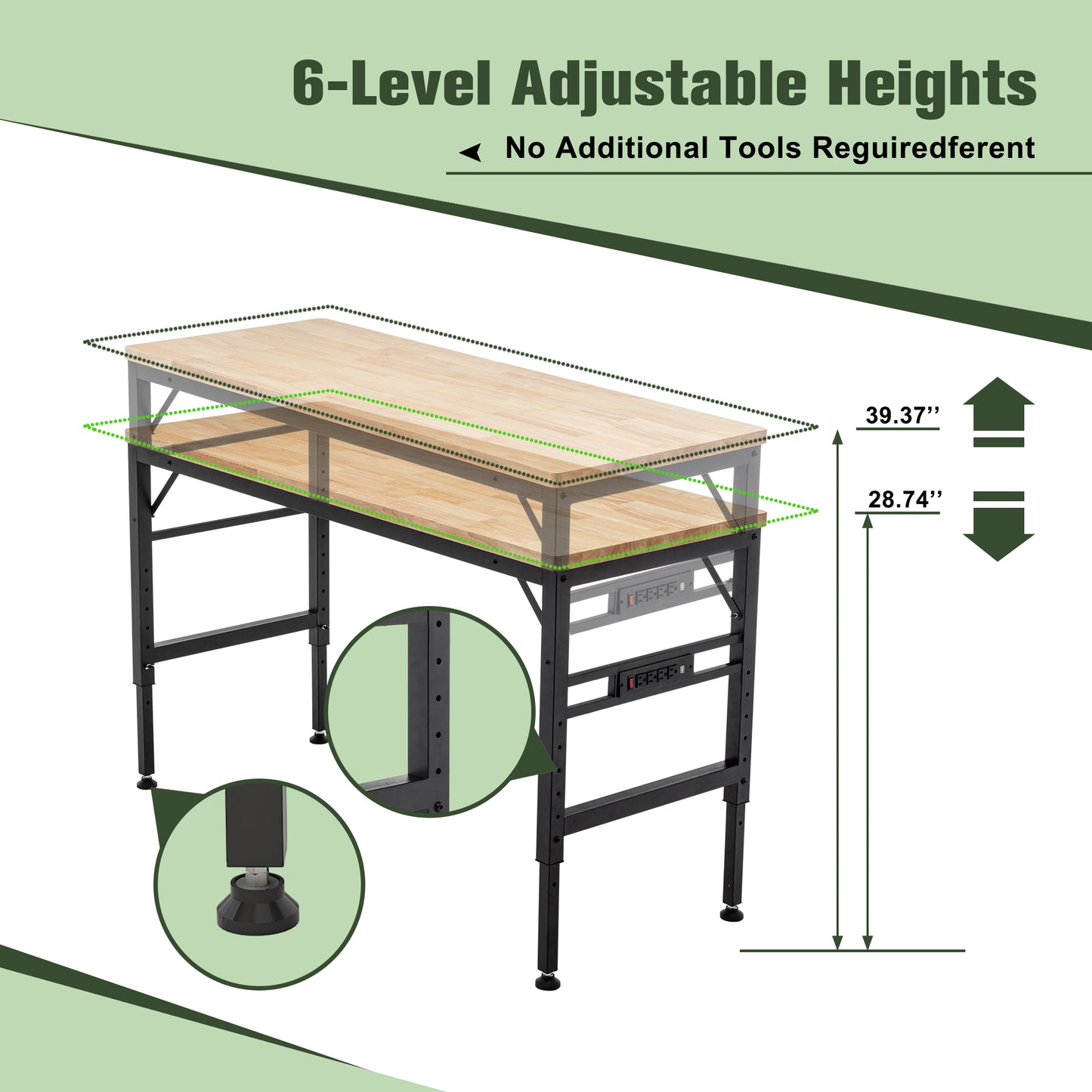 Adjustable Height Workbench, 60 Rubber Wood Top Heavy Duty Workstation With Power Outlets, 2000 LBS Load Capacity Hardwood Worktable For Workshop, Garage, Office, Home, Commercial