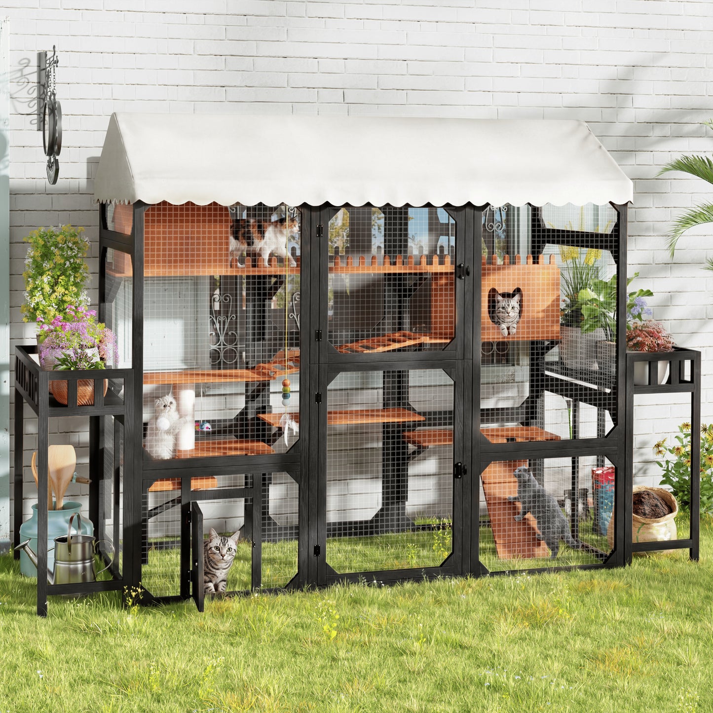 Large Outdoor Cat Enclosure Wooden Catio With 2 Plant Stands, Multi-Level Cat Playpen With Weather-Resistant Roof, Resting Box, Climbing Ramps & Wire Mesh For Patio, Black