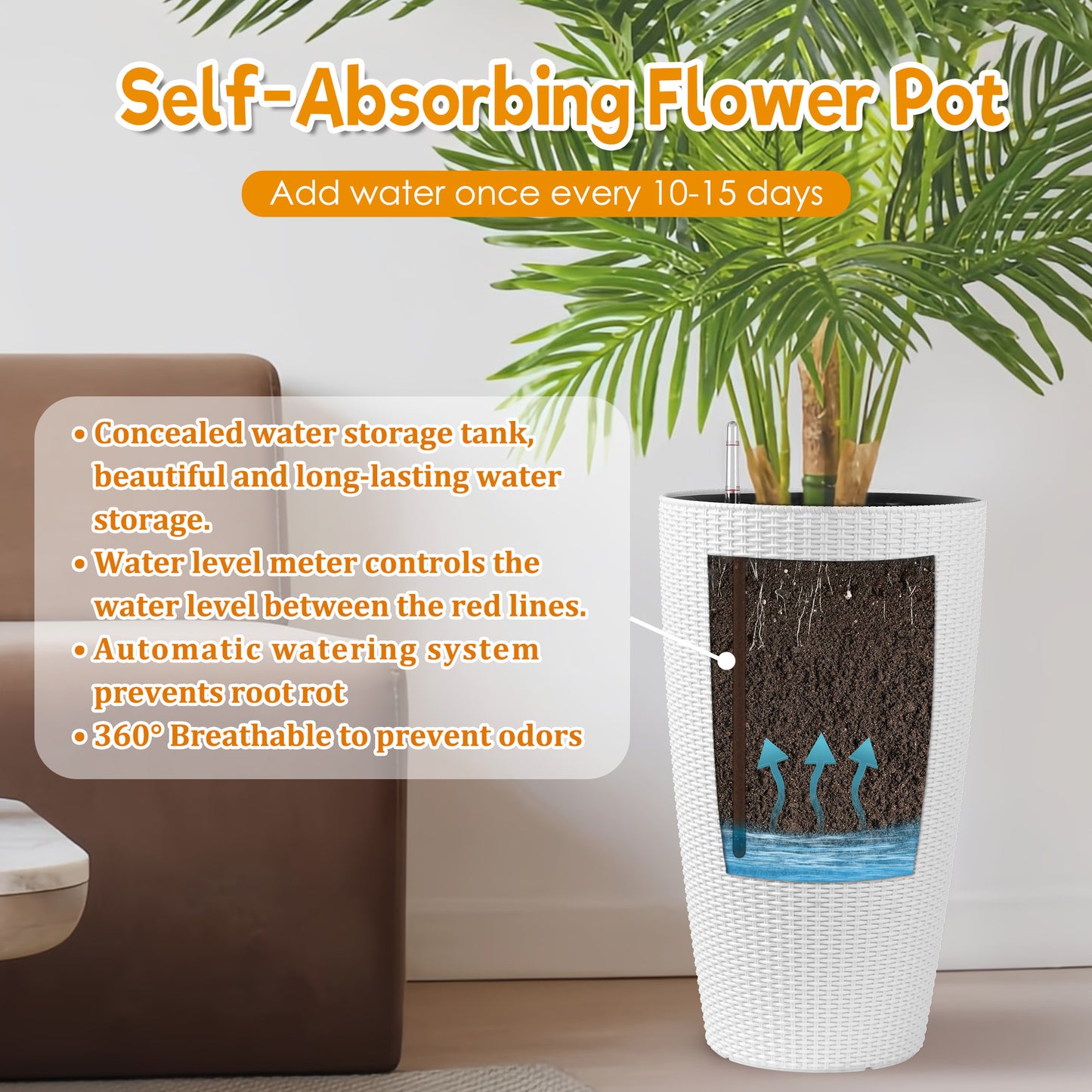 Set Of 2 Faux Rattan Tall Planters Outdoor Indoor Large Planters With Water Level Monitor Inner Bucket, Automatic Watering, Flower Plant Pots For Garden, Patio, Porch,  White, 22 Inch