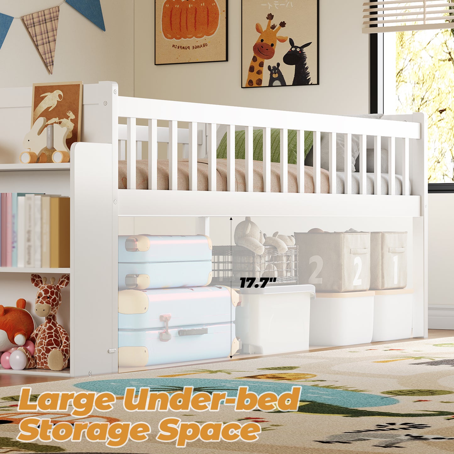 Twin Bed Frame With Storage Shelf, Wooden Bed Frame With Slide And Ladder,Platform Twin Size Bed With Guardrail, No Box Spring Needed, Easy Assembly, White