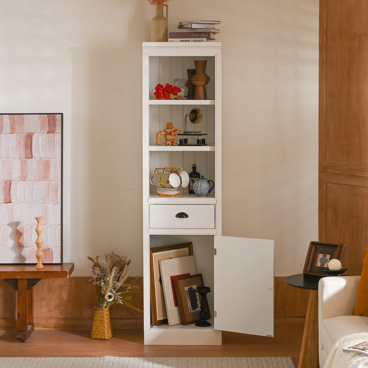 75  Freestanding Display Bookshelf, Farmhouse Bookcase With Storage & Cabinet, Small Size Wooden Organizer Pantry, For Hallways Living Room, Kitchen, Home, Office - White