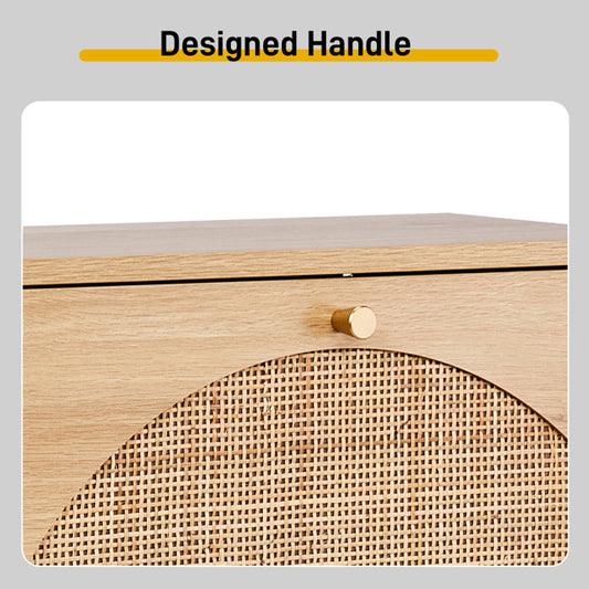 2-Tilt Shoe Cabinet With Arched Rattan Surface, MDF With Triamine, 54x24x98cm, Natural Wood Color