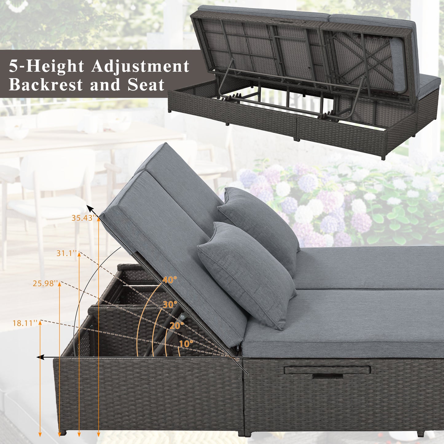 TOPMAX Outdoor Double Sunbed, Wicker Rattan Patio Reclining Chairs With Adjustable Backrest And Seat, Conversational Set For 2 Person, Gray