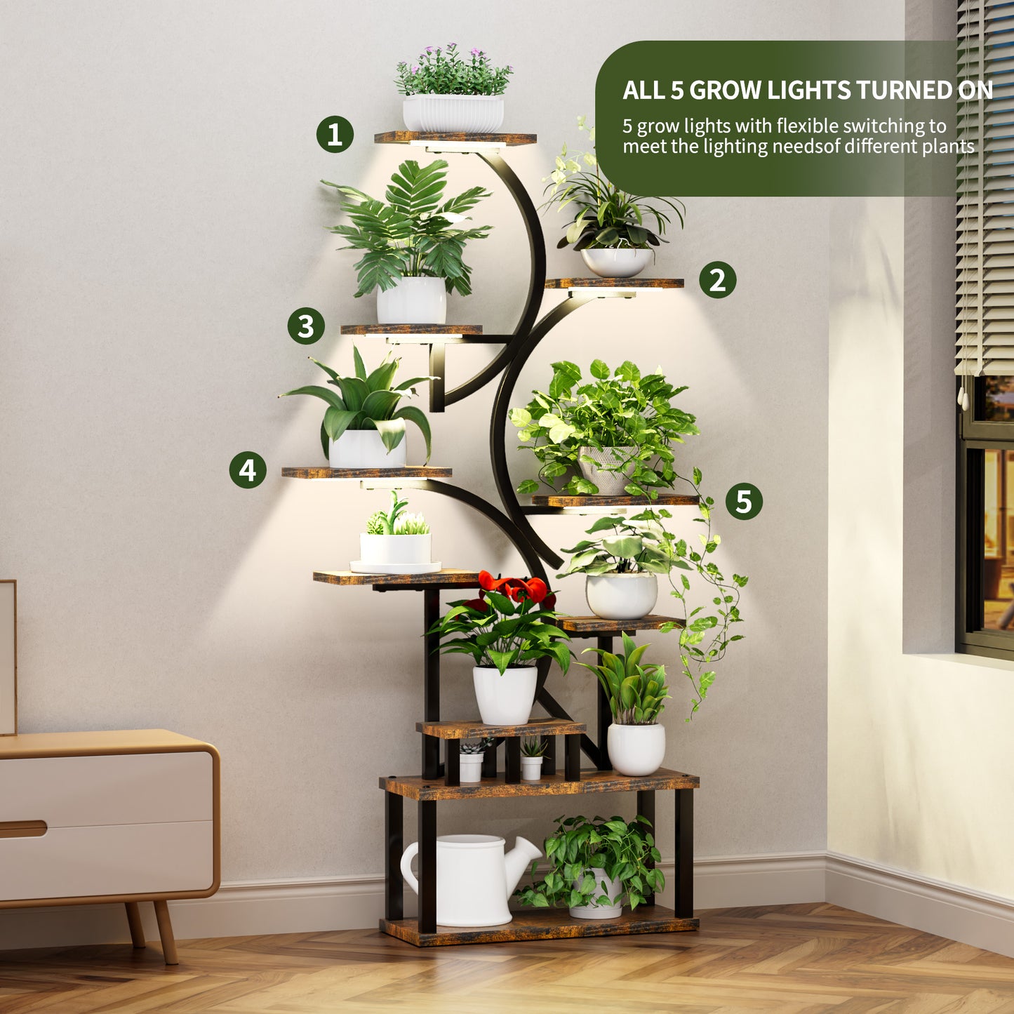 68.5  Tall 10-Tier Plant Stand With 5 Grow Lights, S-Shaped Corner Plant Rack For Indoor Plants, Perfect For Living Room, Garden & Patio
