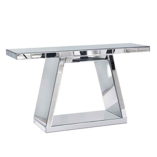 55.9 Modern Luxe Full-Body Mirror Entryway Table With Trapezoid Base -360 Reflective Console Table, Sturdy Wooden Frame, Scratch-Resistant Design & Open Storage For Hallway, Living Room, Staircase