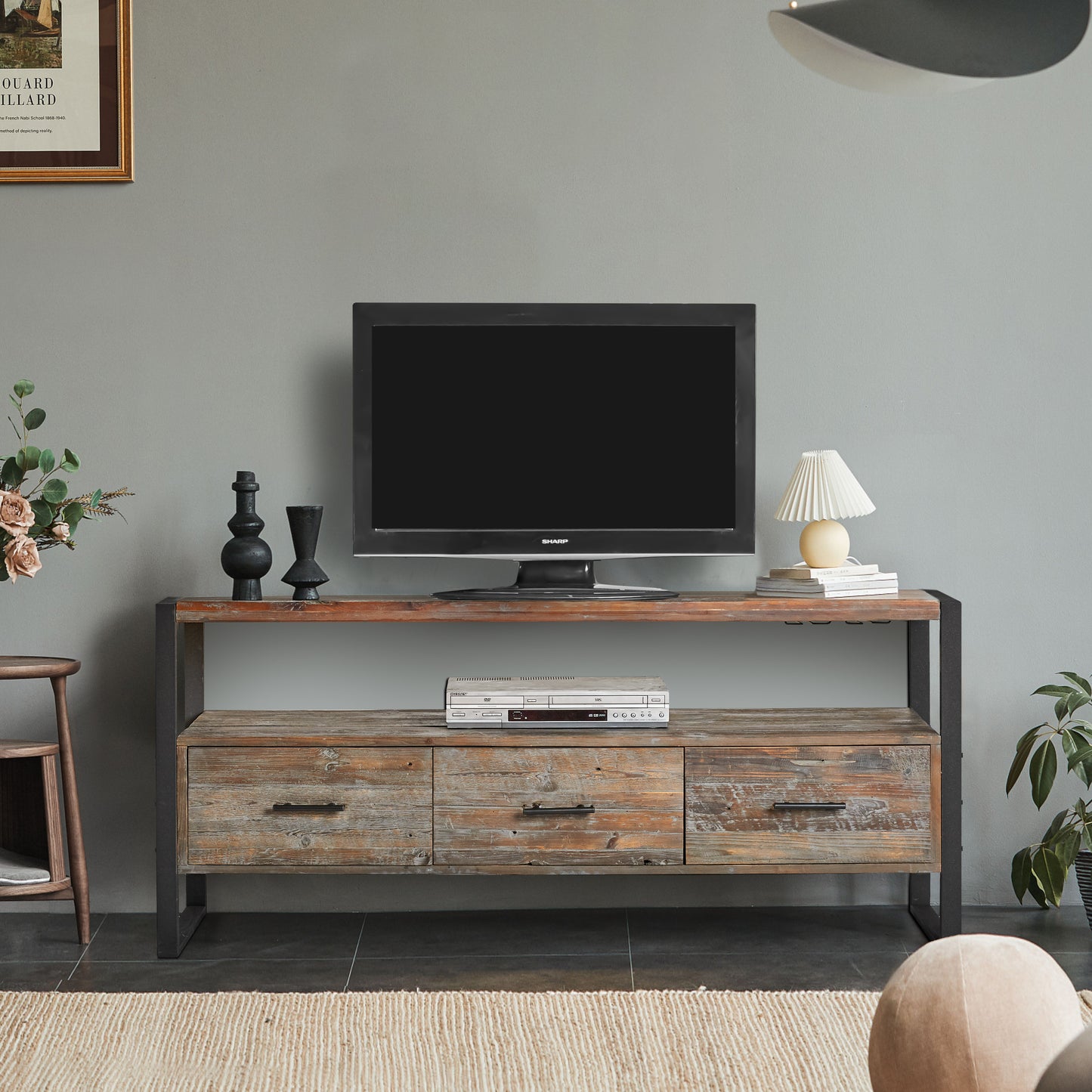 60 Inch Reclaimed Wood Media TV Console Table With 3 Drarwer, Open Shelf, Antique Finish