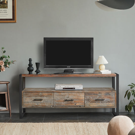 60 Inch Reclaimed Wood Media TV Console Table With 3 Drarwer, Open Shelf, Antique Finish