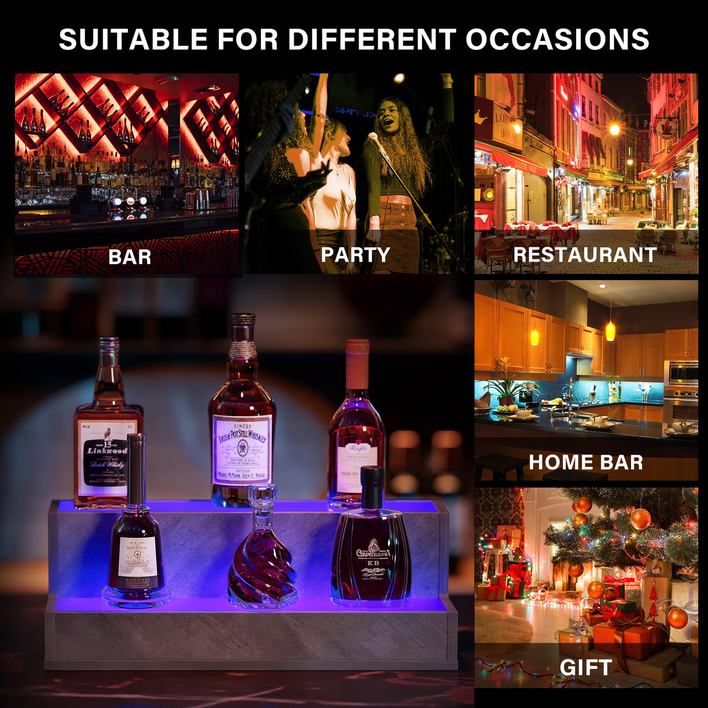 LED Lighted Liquor Bottle Display Shelf, 20 Inch Bar Display Shelf, DIY Illuminated Bottle Shelf With App & Remote Control, 2 Step Freestanding Holding Bottles For Home Bar, Party, Grey