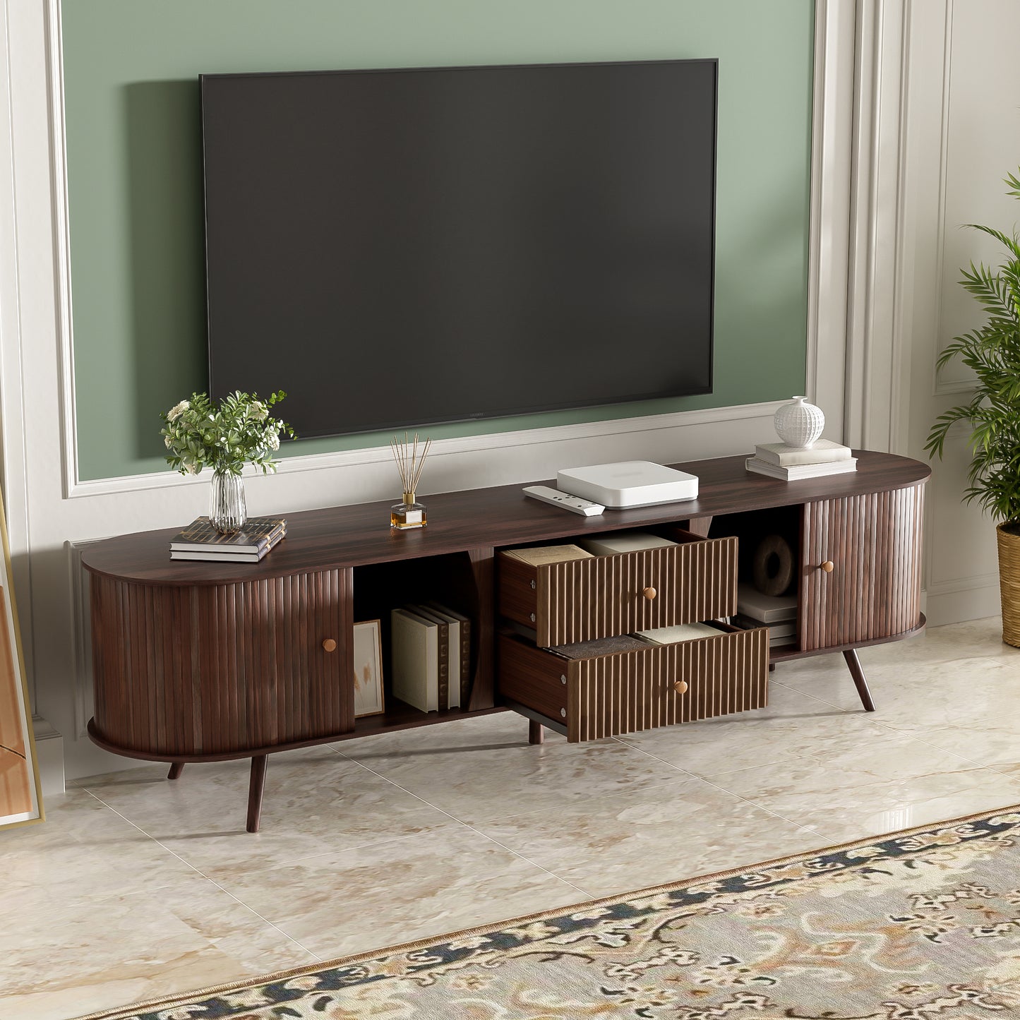 70 Inch Mid Century Modern TV Stand, TV Stand For 80 Inch TV, TV Stand With Tambour Doors, Fluted Drawers, TV Consoles For Living Room, Bedroom