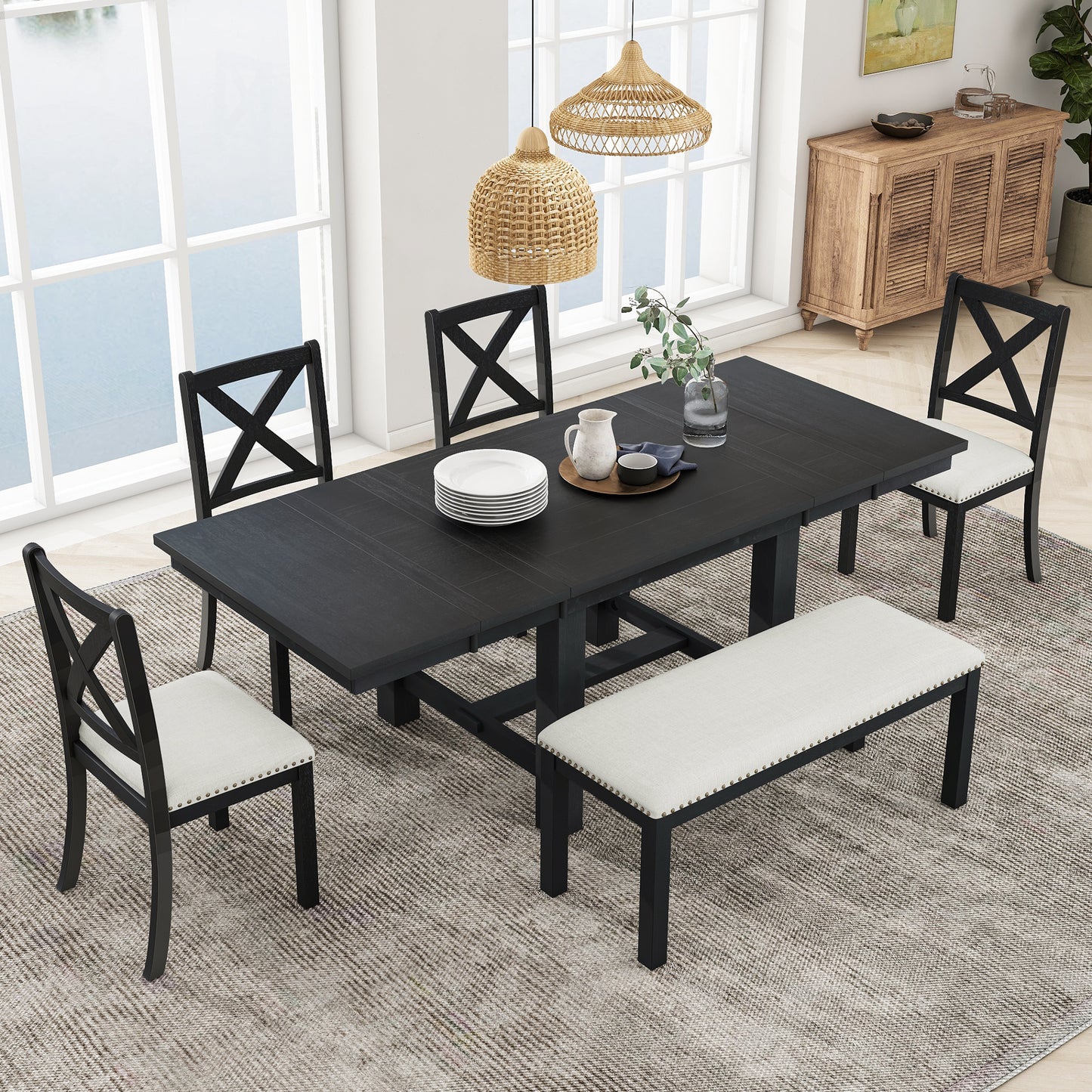 TOPMAx Farmhouse 82inch 6- Piece Extendable Dining Table With Footrest  4 Upholstered Dining Chairs And Dining Bench  Two 11 Removable Leaf  Black Beige Cushion