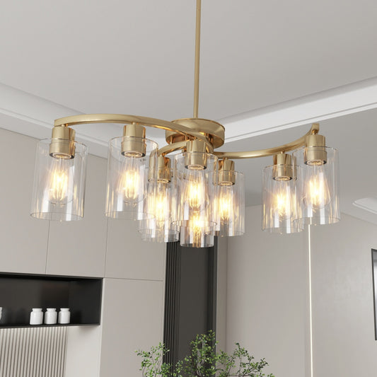 9-Light Gold Glass Chandelier, Adjustable Height Dining Room Light Fixtures Over Table, Contemporary Hanging Chandelier For Kitchen Island Living Room Foyer Office, Clear Glass Shade
