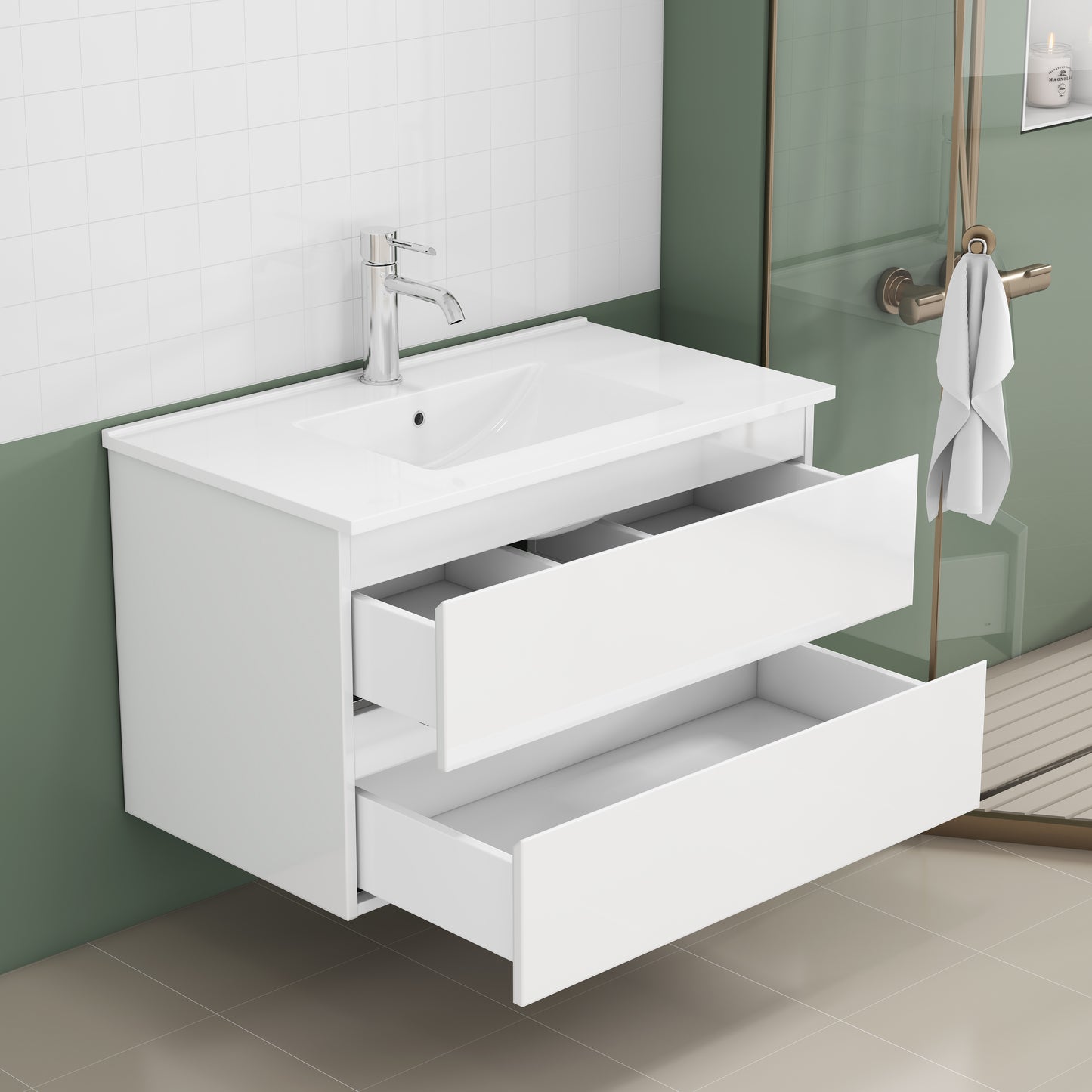 31.5-inch Bathroom Vanity With Sink Combo,Cabinet With 2 Big Drawers,Soft Close System,2 Big Drawers,Handle-Free Design,Easy Assemble,Glossy White