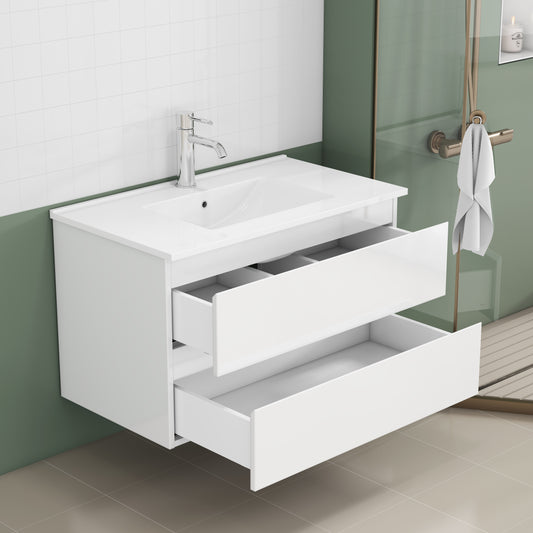 31.5-inch Bathroom Vanity With Sink Combo,Cabinet With 2 Big Drawers,Soft Close System,2 Big Drawers,Handle-Free Design,Easy Assemble,Glossy White