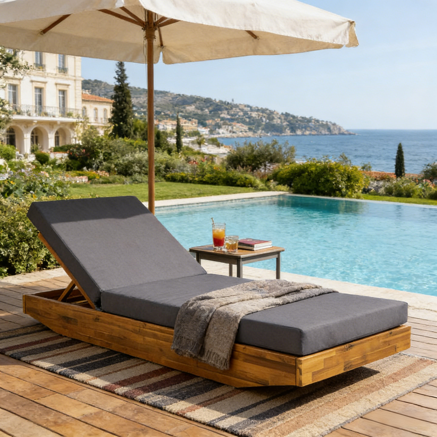 Acacia Wood Chaise Lounge With Cushion - Teak Finish Outdoor Recliner With Dark Grey 3-Fold Water-Repellent Cushion, 300lbs Capacity