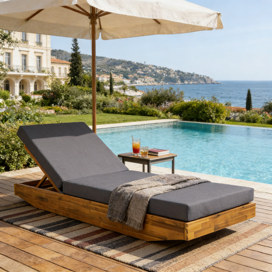 Acacia Wood Chaise Lounge With Cushion - Teak Finish Outdoor Recliner With Dark Grey 3-Fold Water-Repellent Cushion, 300lbs Capacity