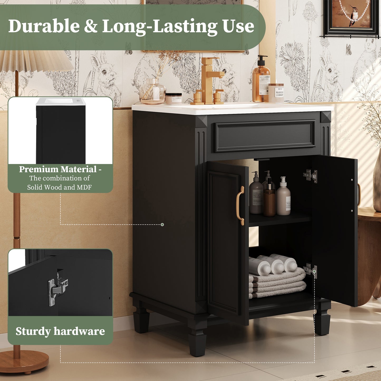 24'' Bathroom Vanity With Top Sink, Modern Bathroom Storage Cabinet With 2 Soft-Closing Doors And Adjustable Shelf, Solid Wood Frame