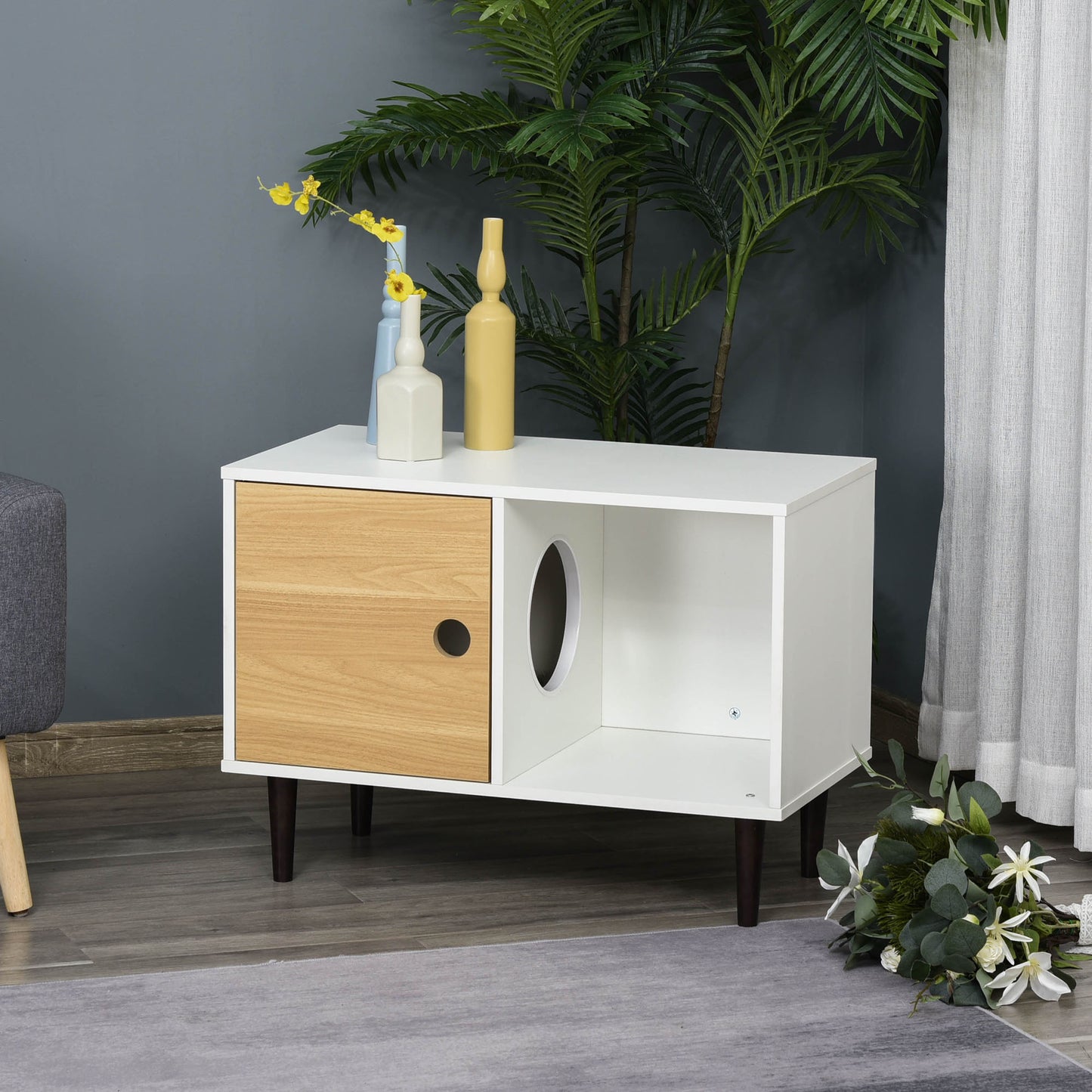 Wooden Cat House With Soft Cushion, Decorative Kitten Condo Side Table, Elevated Pet House With Storage Space