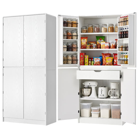 K&K 72  Tall Farmhouse Kitchen Pantry Cabinet With 8 Door Shelves, Curved Design Storage Cabinet With 3 Adjustable Shelves, Hidden Drawer, Versatile Cupboard For Kitchen, Dining & Bathroom, White