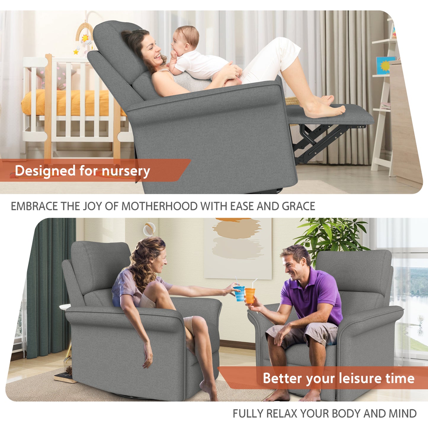 270 Power Swivel Rocker Recliner Chair For Adult,Rocking Glider Nursery Recliner For Small Spaces,Fabric Rocking Chair For Nursery,Single Sofa Recliner For Home Theater Living Room Bedroom Dark Gray