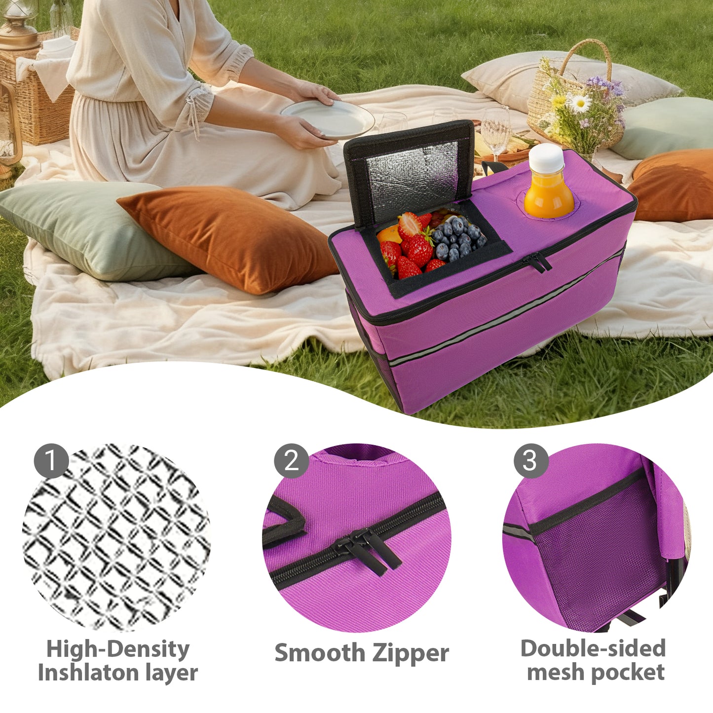 3- In- 1 Folding Wagon Cart With Bench Seat & Storage  Patent Protection -  Includes 1 Ice Pack  500lbs Heavy- Duty  180L Capacity All- Terrain Wheels For Camping  Beach  Sports  Garden  Purple
