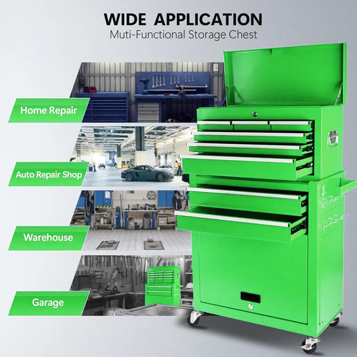 8-Drawer Rolling Tool Chest - 2-in-1 Lockable Tool Box With Wheels, Sliding Drawers & Detachable Top - Garage & Workshop Storage Cabinet, Green