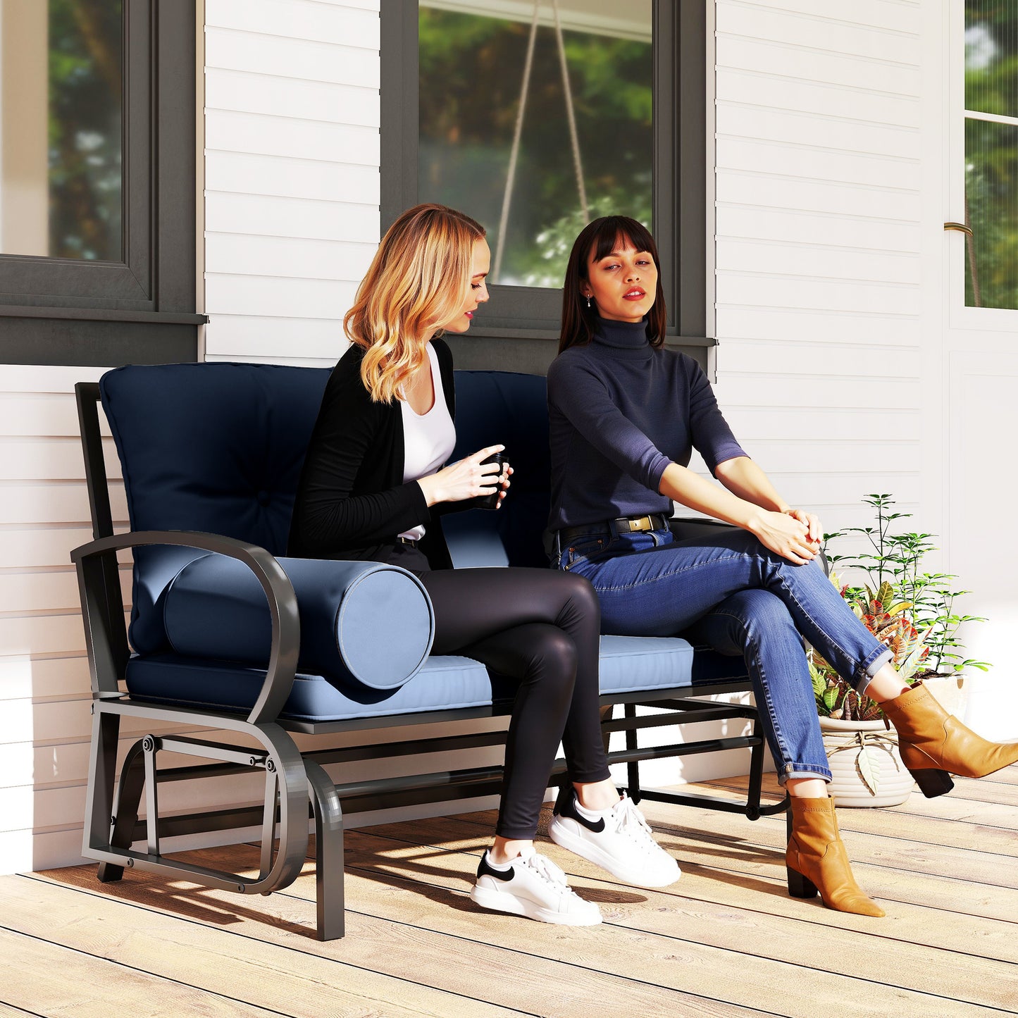 Swing Glider Rocking Chair, Double Patio Bench, 2 Person Loveseat With Steel Frame, Cushions, Pillow Armrests, Blue