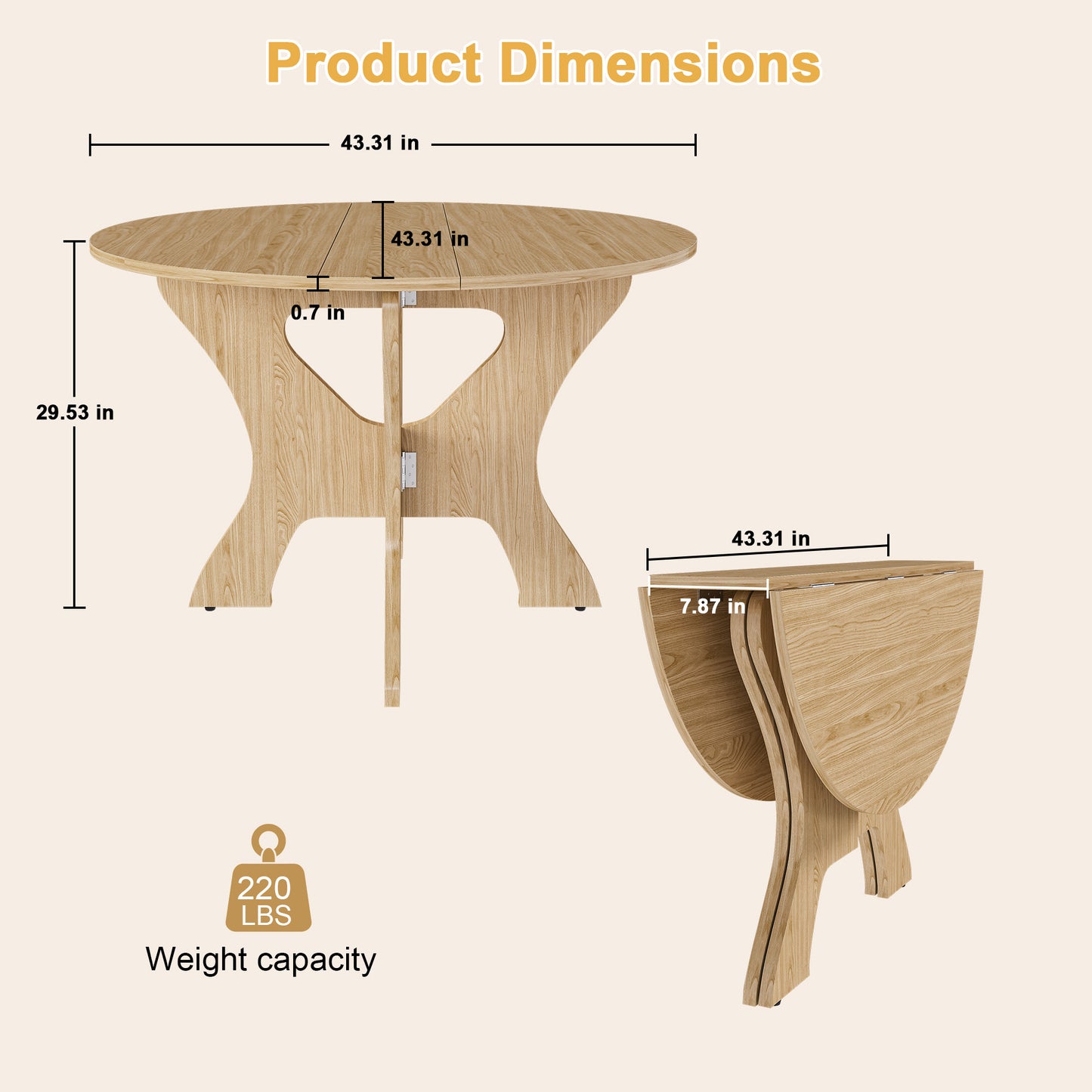 43 In Folding Dining Table For Small Spaces  MDF Table With Wild Oak Veneer  Space Saving Foldable Kitchen Table For Indoor And Outdoor Use