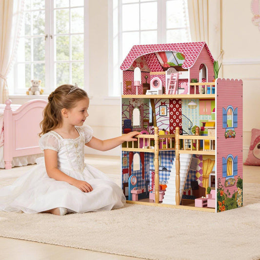 Doll Cottage 3 Story Wooden Dollhouse With 14 Accessories Balcony Stairs For Boys Girls Above 3 Years Old