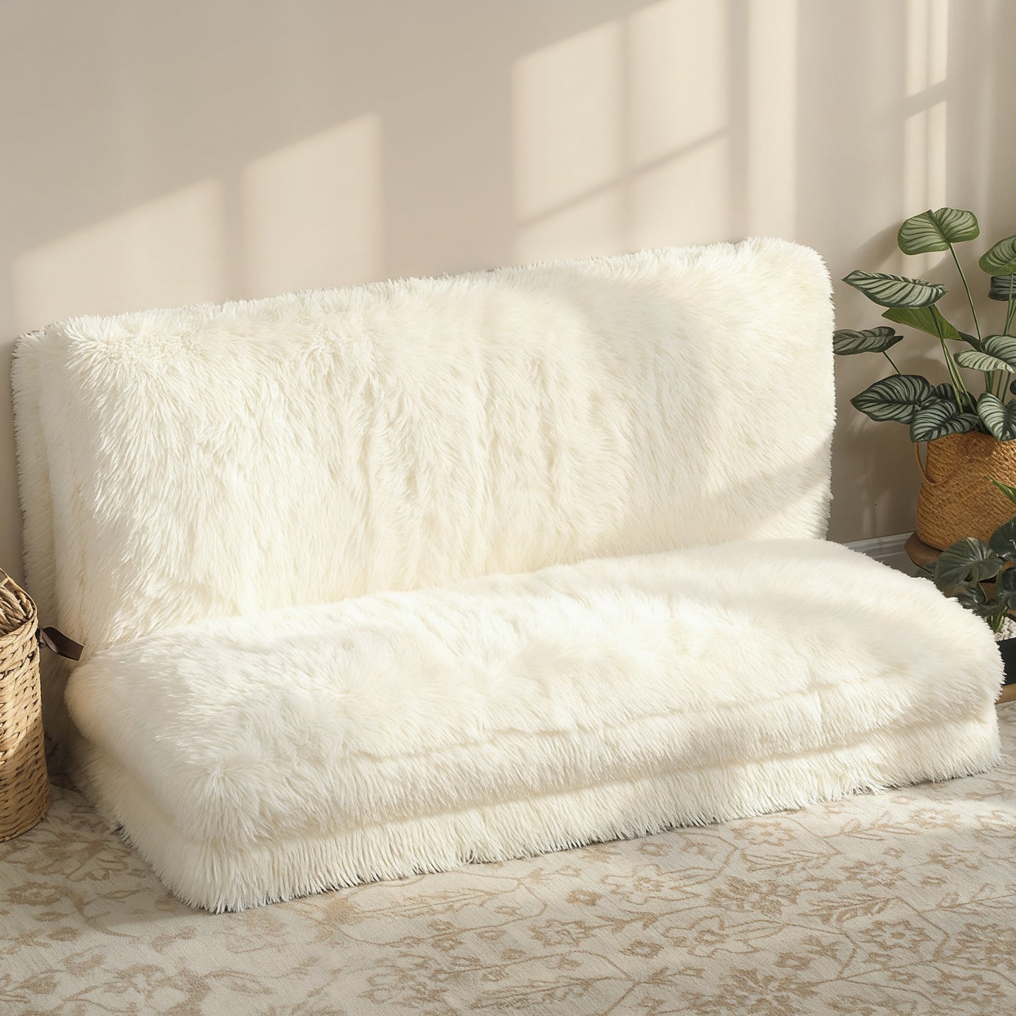 Bean Bag Floor Sofa Bed, Contemporary Plush Wide Folding Floor Mattress, Foam Filling Wall Couch Sleeper, Cream White